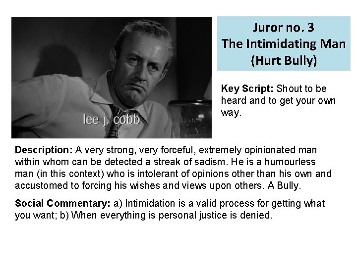 Juror no. 3 The Intimidating Man (Hurt Bully) Key Script: Shout to be heard
