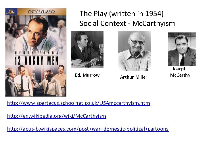 The Play (written in 1954): Social Context - Mc. Carthyism Ed. Murrow Arthur Miller