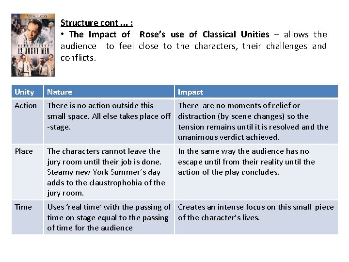 Structure cont. . . : • The Impact of Rose’s use of Classical Unities