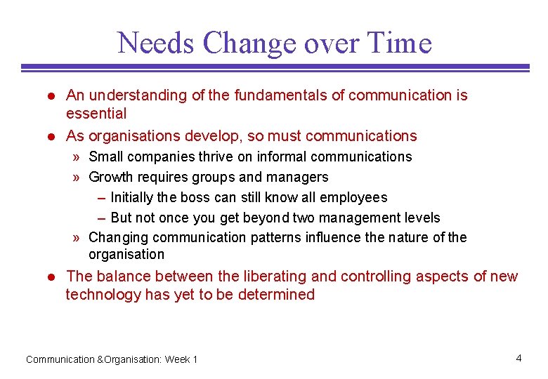 Needs Change over Time l l An understanding of the fundamentals of communication is Needs Change over Time l l An understanding of the fundamentals of communication is
