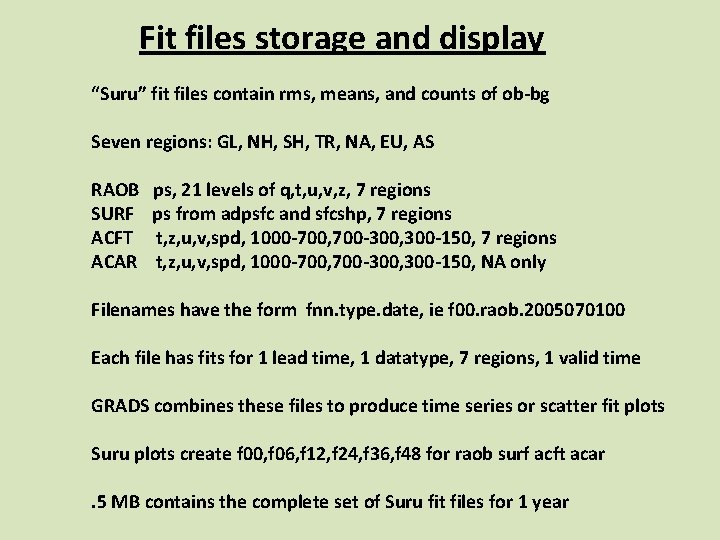 Fit files storage and display “Suru” fit files contain rms, means, and counts of