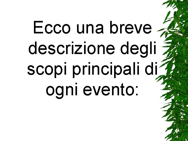 Ecco una breve descrizione degli scopi principali di ogni evento: Ecco una breve descrizione degli scopi principali di ogni evento: