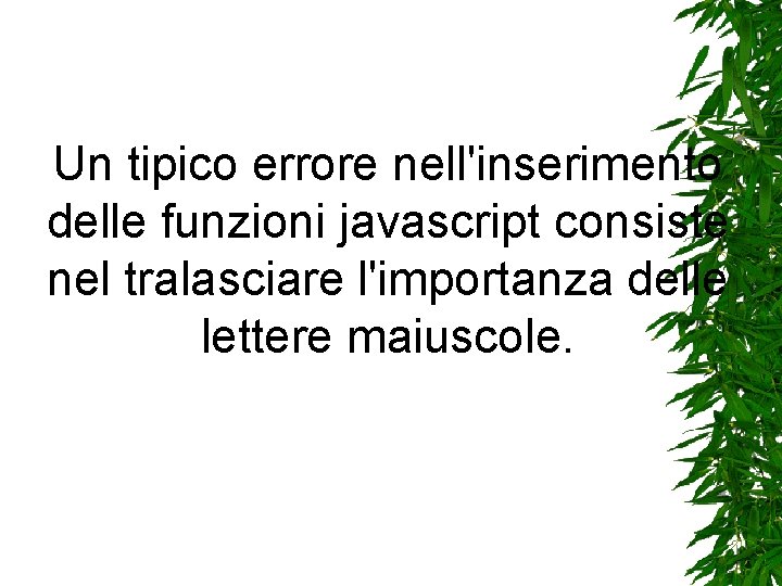 Un tipico errore nell'inserimento delle funzioni javascript consiste nel tralasciare l'importanza delle lettere maiuscole. Un tipico errore nell'inserimento delle funzioni javascript consiste nel tralasciare l'importanza delle lettere maiuscole.