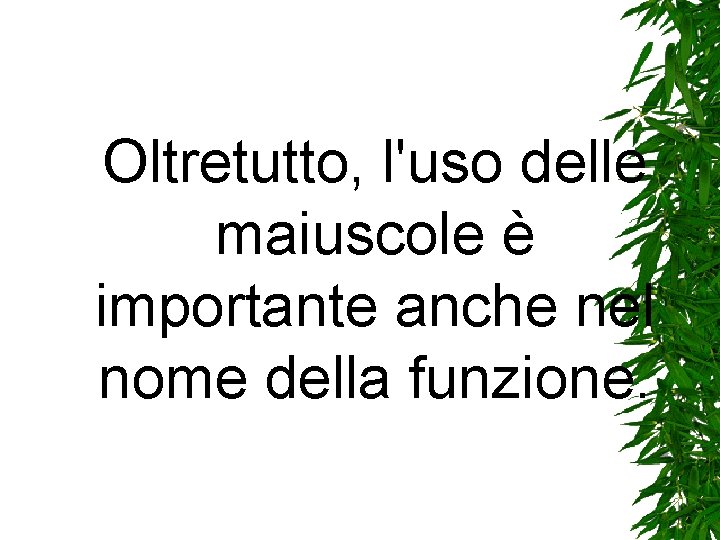 Oltretutto, l'uso delle maiuscole è importante anche nel nome della funzione. Oltretutto, l'uso delle maiuscole è importante anche nel nome della funzione.