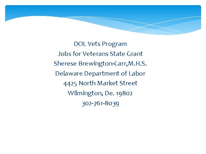DOL Vets Program Jobs for Veterans State Grant Sherese Brewington-Carr, M. H. S. Delaware