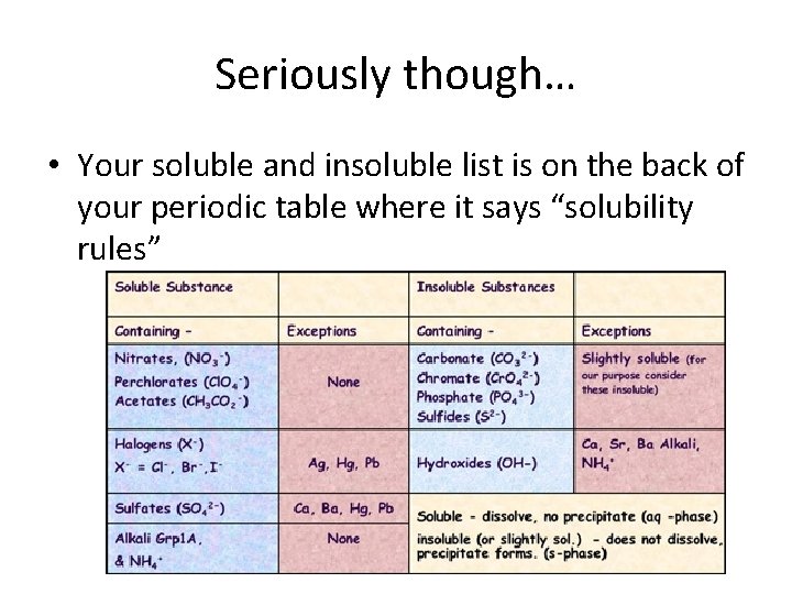Seriously though… • Your soluble and insoluble list is on the back of your