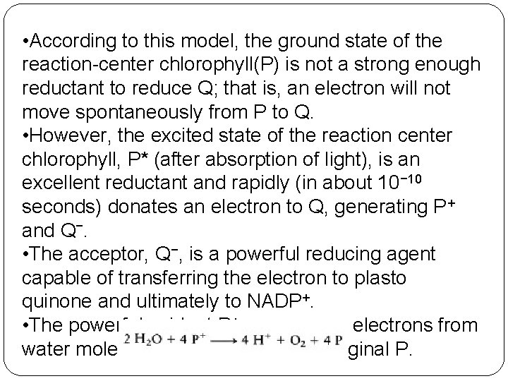  • According to this model, the ground state of the reaction center chlorophyll(P)