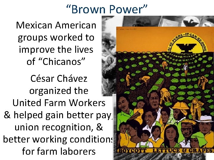 “Brown Power” Mexican American groups worked to improve the lives of “Chicanos” César Chávez