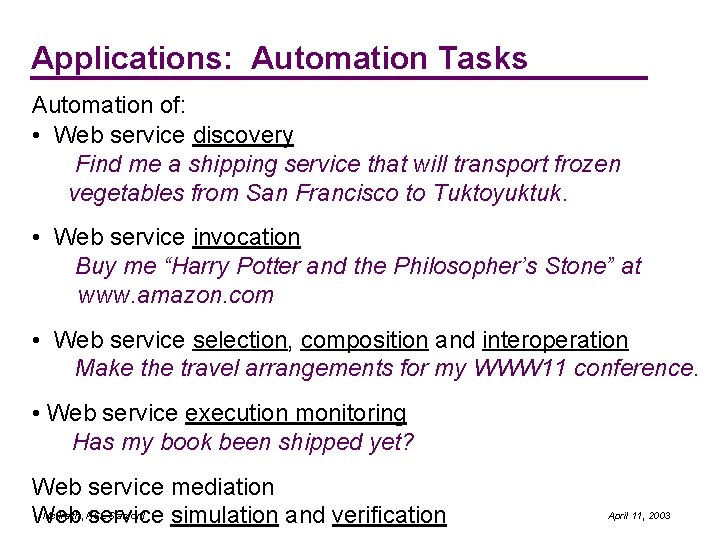 Applications: Automation Tasks Automation of: • Web service discovery Find me a shipping service