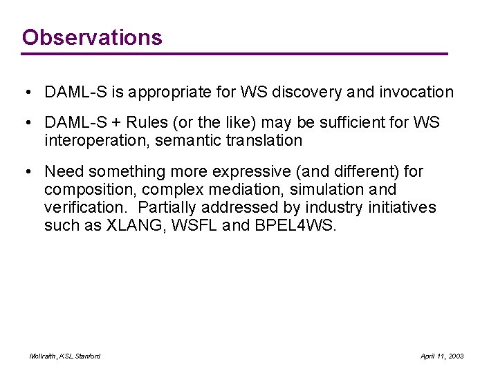 Observations • DAML-S is appropriate for WS discovery and invocation • DAML-S + Rules