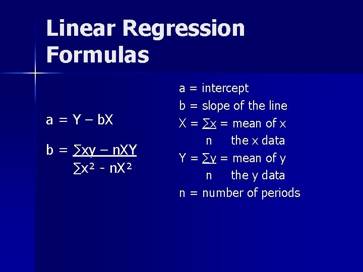 Linear Regression Formulas a = Y – b. X b = ∑xy – n.