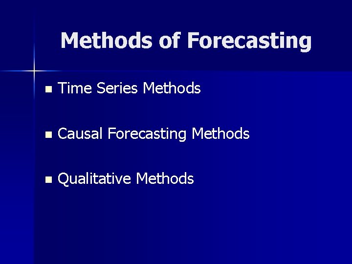 Methods of Forecasting n Time Series Methods n Causal Forecasting Methods n Qualitative Methods