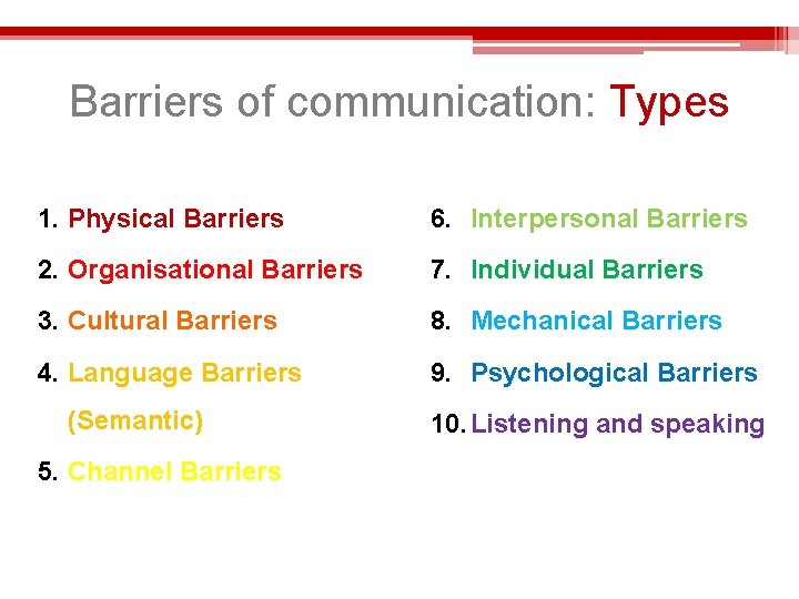 Barriers of communication: Types 1. Physical Barriers 6. Interpersonal Barriers 2. Organisational Barriers 7.