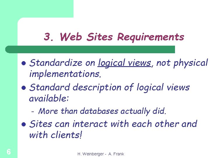 3. Web Sites Requirements Standardize on logical views, not physical implementations. l Standard description