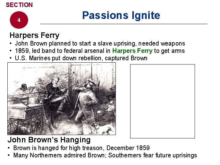 SECTION 4 Passions Ignite Harpers Ferry • John Brown planned to start a slave