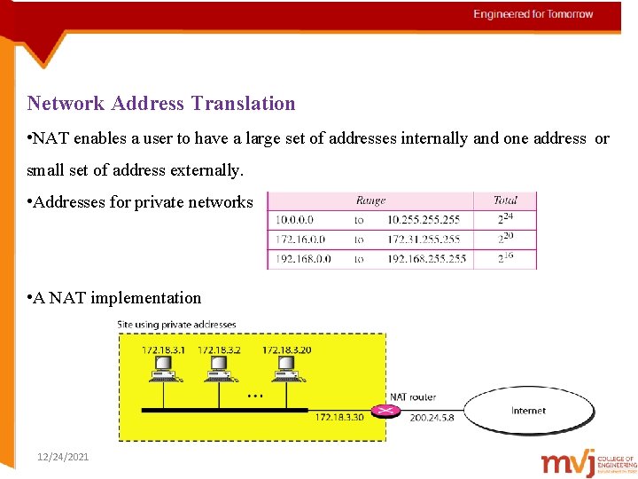 Network Address Translation • NAT enables a user to have a large set of