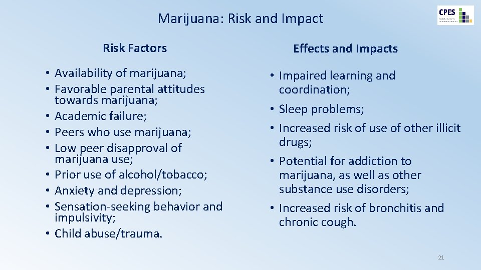 Marijuana: Risk and Impact Risk Factors • Availability of marijuana; • Favorable parental attitudes