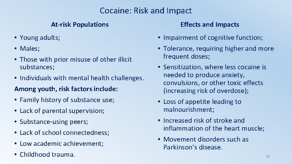 Cocaine: Risk and Impact At-risk Populations • Young adults; • Males; • Those with