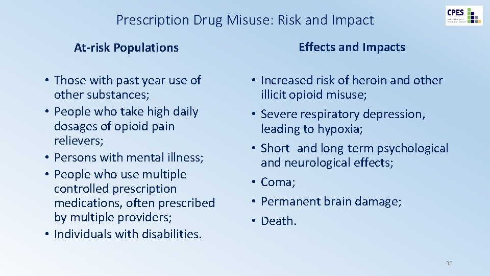 Prescription Drug Misuse: Risk and Impact At-risk Populations Effects and Impacts • Those with