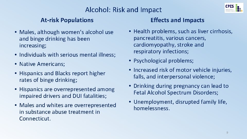 Alcohol: Risk and Impact At-risk Populations • Males, although women’s alcohol use and binge