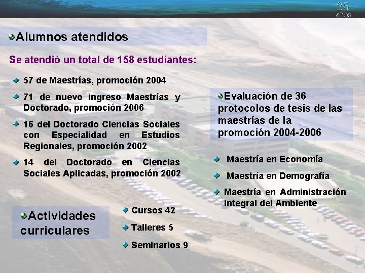 Alumnos atendidos Se atendió un total de 158 estudiantes: 57 de Maestrías, promoción 2004