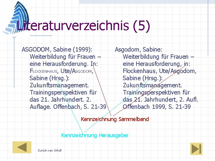 Literaturverzeichnis (5) ASGODOM, Sabine (1999): Weiterbildung für Frauen – eine Herausforderung. In: FLOCKENHAUS, Ute/ASGODOM,