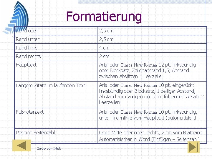 Formatierung Rand oben 2, 5 cm Rand unten 2, 5 cm Rand links 4