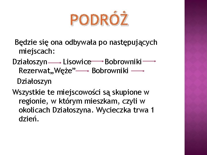 PODRÓŻ Będzie się ona odbywała po następujących miejscach: Działoszyn Lisowice Bobrowniki Rezerwat„Węże” Bobrowniki Działoszyn