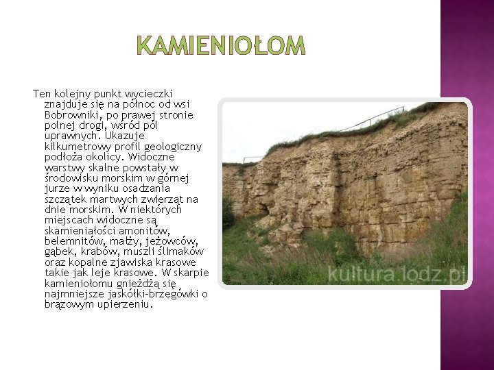 KAMIENIOŁOM Ten kolejny punkt wycieczki znajduje się na północ od wsi Bobrowniki, po prawej