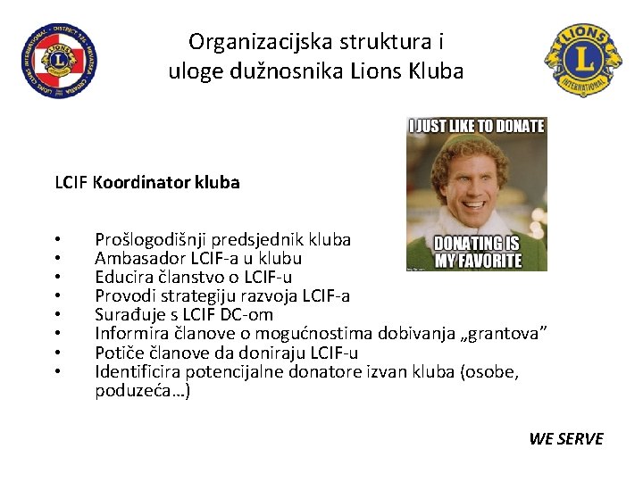 Organizacijska struktura i uloge dužnosnika Lions Kluba LCIF Koordinator kluba • • Prošlogodišnji predsjednik