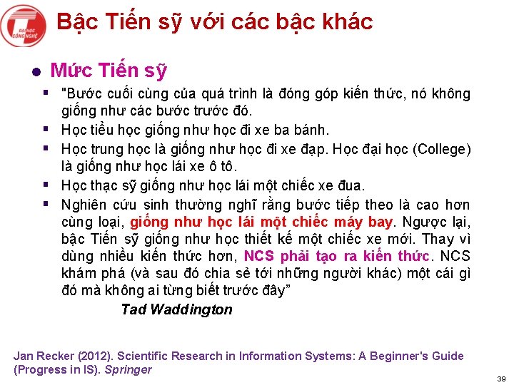 Bậc Tiến sỹ với các bậc khác Mức Tiến sỹ l § "Bước cuối