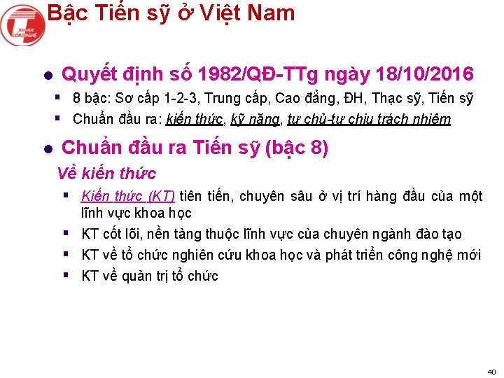 Bậc Tiến sỹ ở Việt Nam l Quyết định số 1982/QĐ-TTg ngày 18/10/2016 §