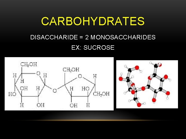 CARBOHYDRATES DISACCHARIDE = 2 MONOSACCHARIDES EX: SUCROSE 