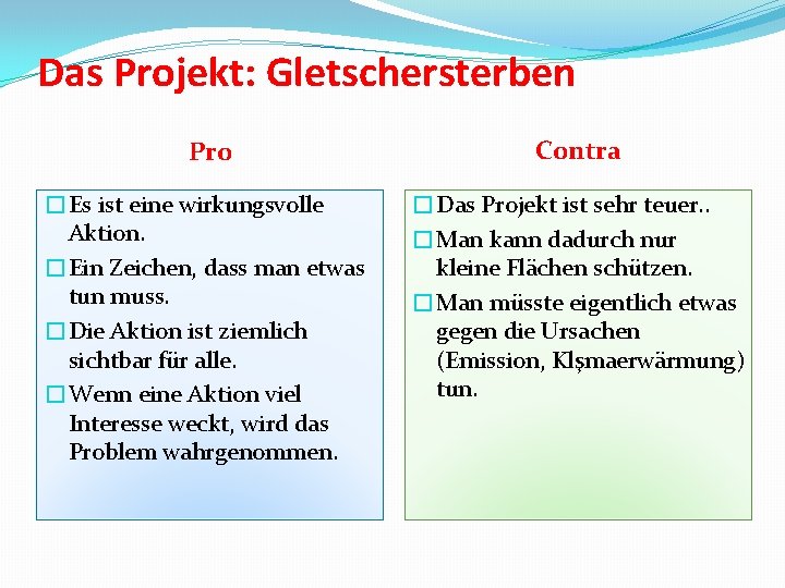 Das Projekt: Gletschersterben Pro Contra �Es ist eine wirkungsvolle Aktion. �Ein Zeichen, dass man