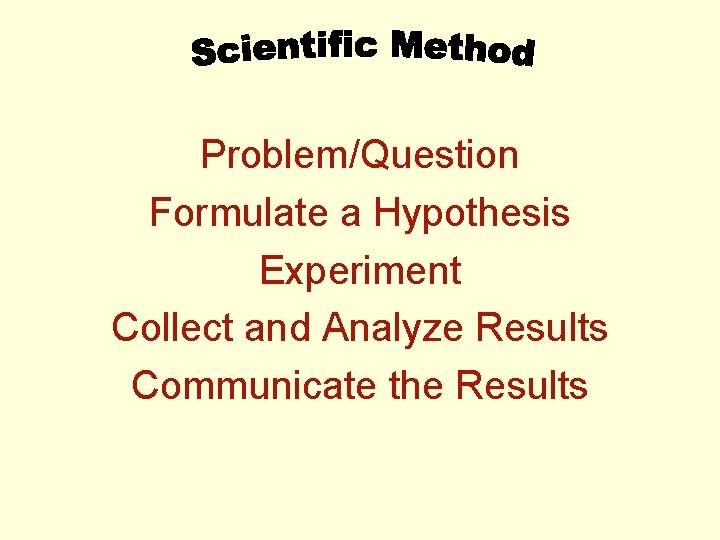 Problem/Question Formulate a Hypothesis Experiment Collect and Analyze Results Communicate the Results 