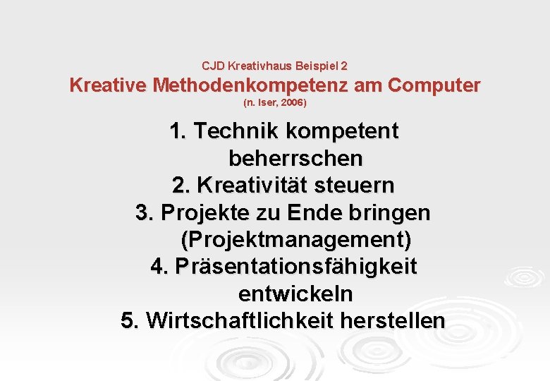 CJD Kreativhaus Beispiel 2 Kreative Methodenkompetenz am Computer (n. Iser, 2006) 1. Technik kompetent