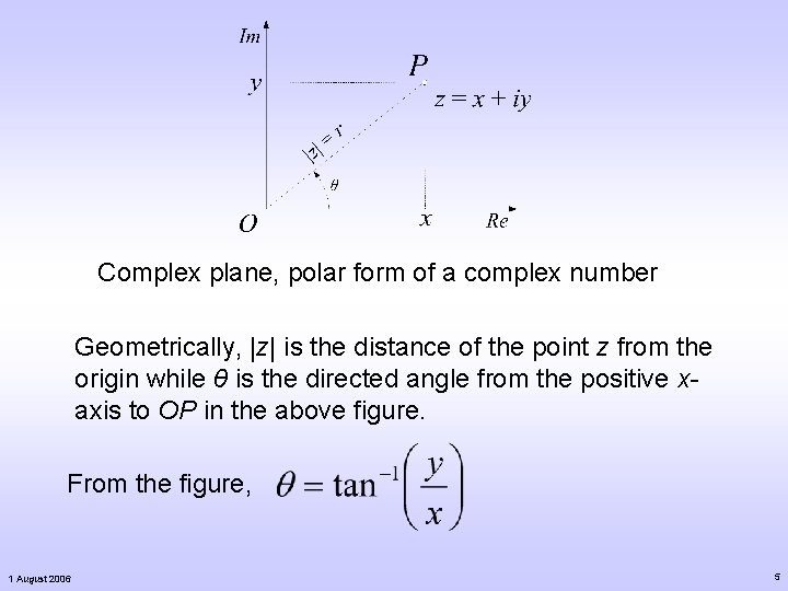 Complex plane, polar form of a complex number Geometrically, |z| is the distance of Complex plane, polar form of a complex number Geometrically, |z| is the distance of