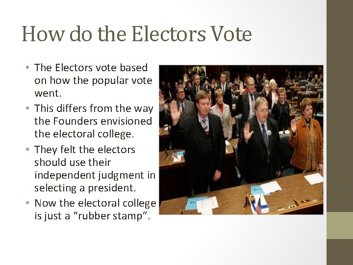 How do the Electors Vote • The Electors vote based on how the popular