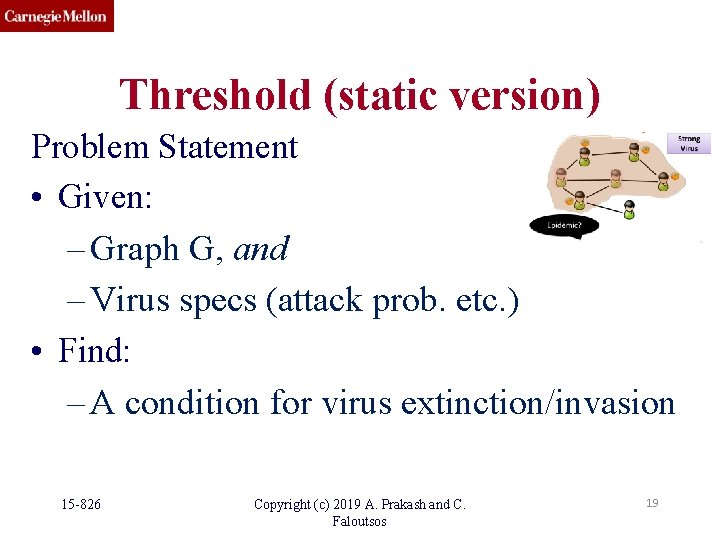 Threshold (static version) Problem Statement • Given: – Graph G, and – Virus specs Threshold (static version) Problem Statement • Given: – Graph G, and – Virus specs