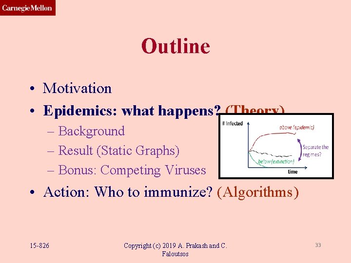 Outline • Motivation • Epidemics: what happens? (Theory) – Background – Result (Static Graphs) Outline • Motivation • Epidemics: what happens? (Theory) – Background – Result (Static Graphs)