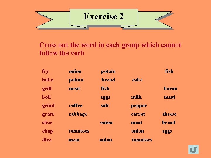 Exercise 2 Cross out the word in each group which cannot follow the verb