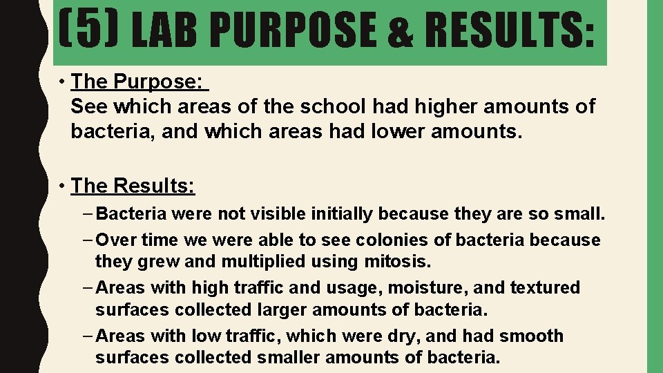 (5) LAB PURPOSE & RESULTS: • The Purpose: See which areas of the school