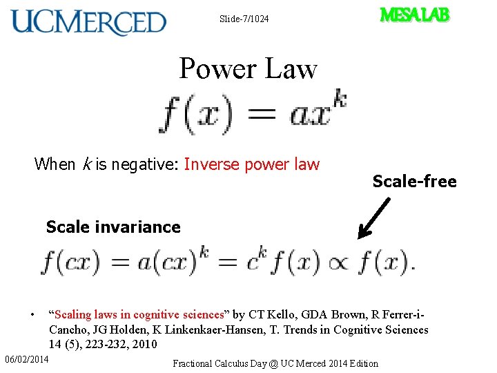 MESA LAB Slide-7/1024 Power Law When k is negative: Inverse power law Scale-free Scale