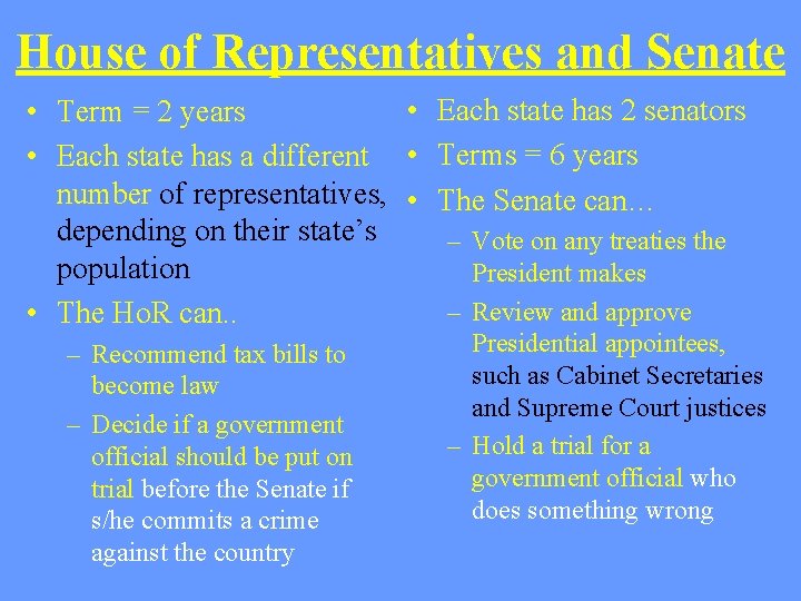 House of Representatives and Senate • Each state has 2 senators • Term =