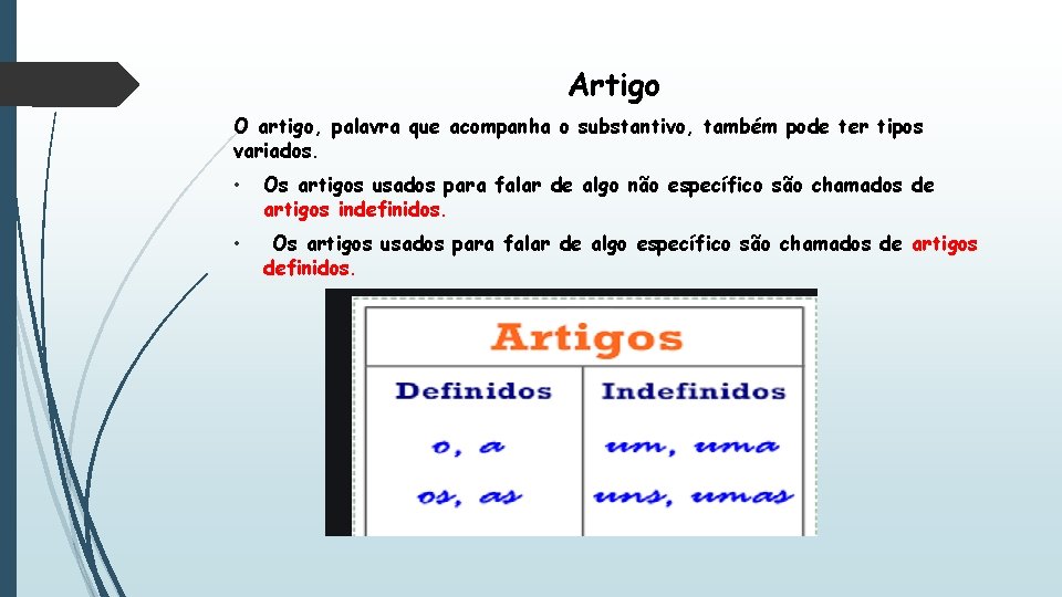 Artigo O artigo, palavra que acompanha o substantivo, também pode ter tipos variados. •