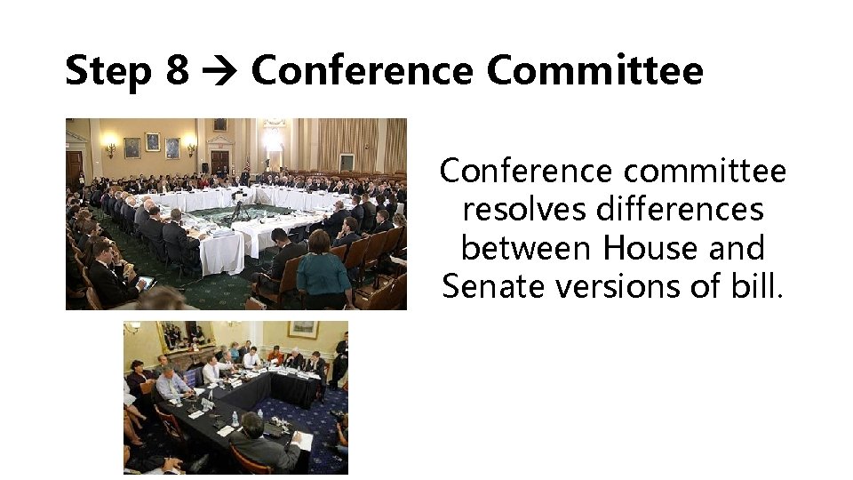 Step 8 Conference Committee Conference committee resolves differences between House and Senate versions of