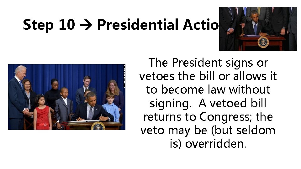 Step 10 Presidential Action The President signs or vetoes the bill or allows it