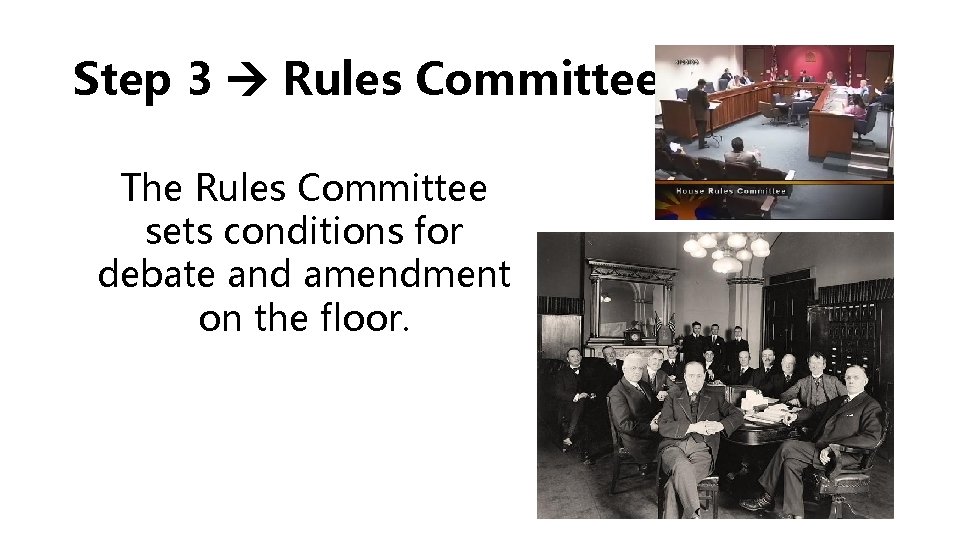 Step 3 Rules Committee The Rules Committee sets conditions for debate and amendment on