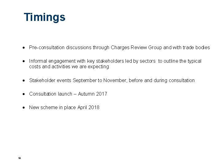 Timings Pre-consultation discussions through Charges Review Group and with trade bodies Informal engagement with