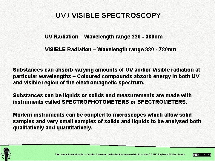 UV / VISIBLE SPECTROSCOPY UV Radiation – Wavelength range 220 - 380 nm VISIBLE
